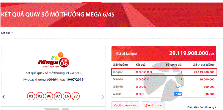 Xác nhận vé trúng thưởng Jackpot 1 sản phẩm Mega 6/45 kỳ 00464 được phát hành tại Hà Nội - Tructiepxoso.Vn