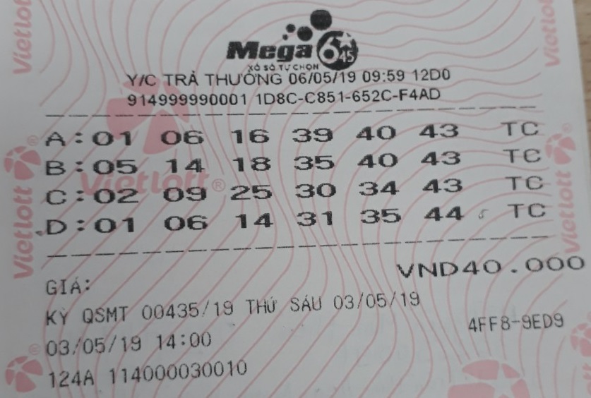 Trao thưởng Jackpot kỳ 00435 sản phẩm Mega 6/45 cho khác hàng may mắn trúng thưởng tại Cần Thơ - Tructiepxoso.Vn